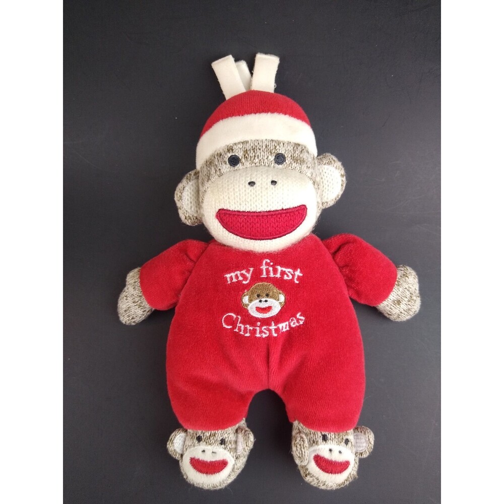 Plush Sock Monkey Rattle Stuffed Doll Toy Baby Starters My First Christmas